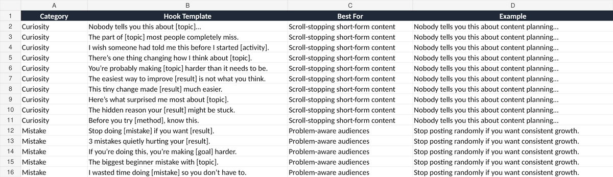 Hook Vault 100 social media hooks and CTA swipe file spreadsheet